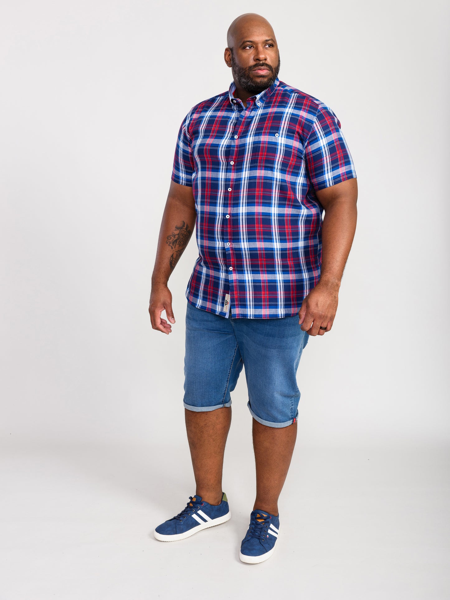 PORTLAND -D555 Blue Red Check Short Sleeve Shirt with Button Down Collar