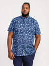 PADBURY -D555 Navy Blue Floral Ed Short Sleeve Shirt with Button Down Collar
