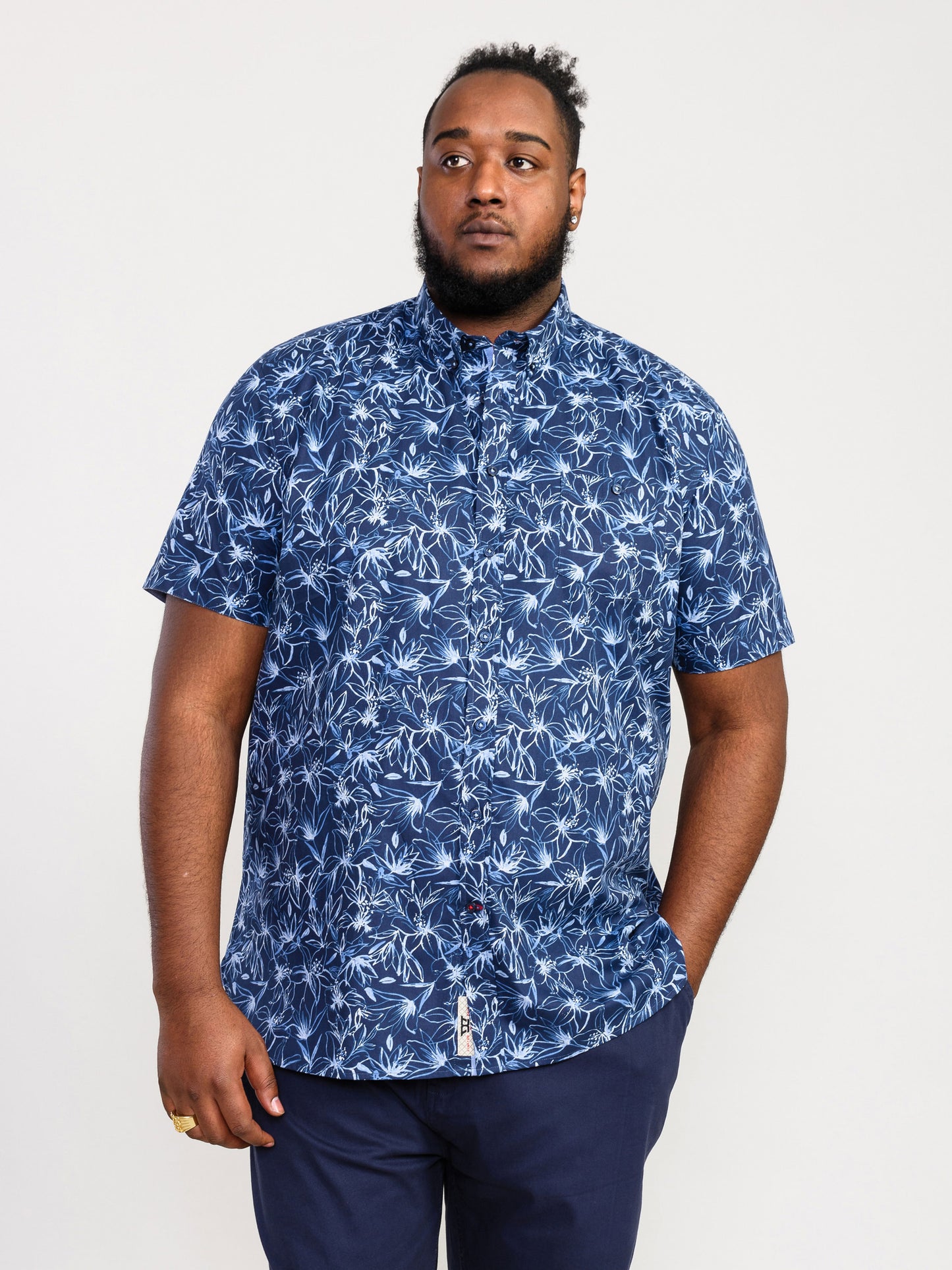 PADBURY -D555 Navy Blue Floral Ed Short Sleeve Shirt with Button Down Collar