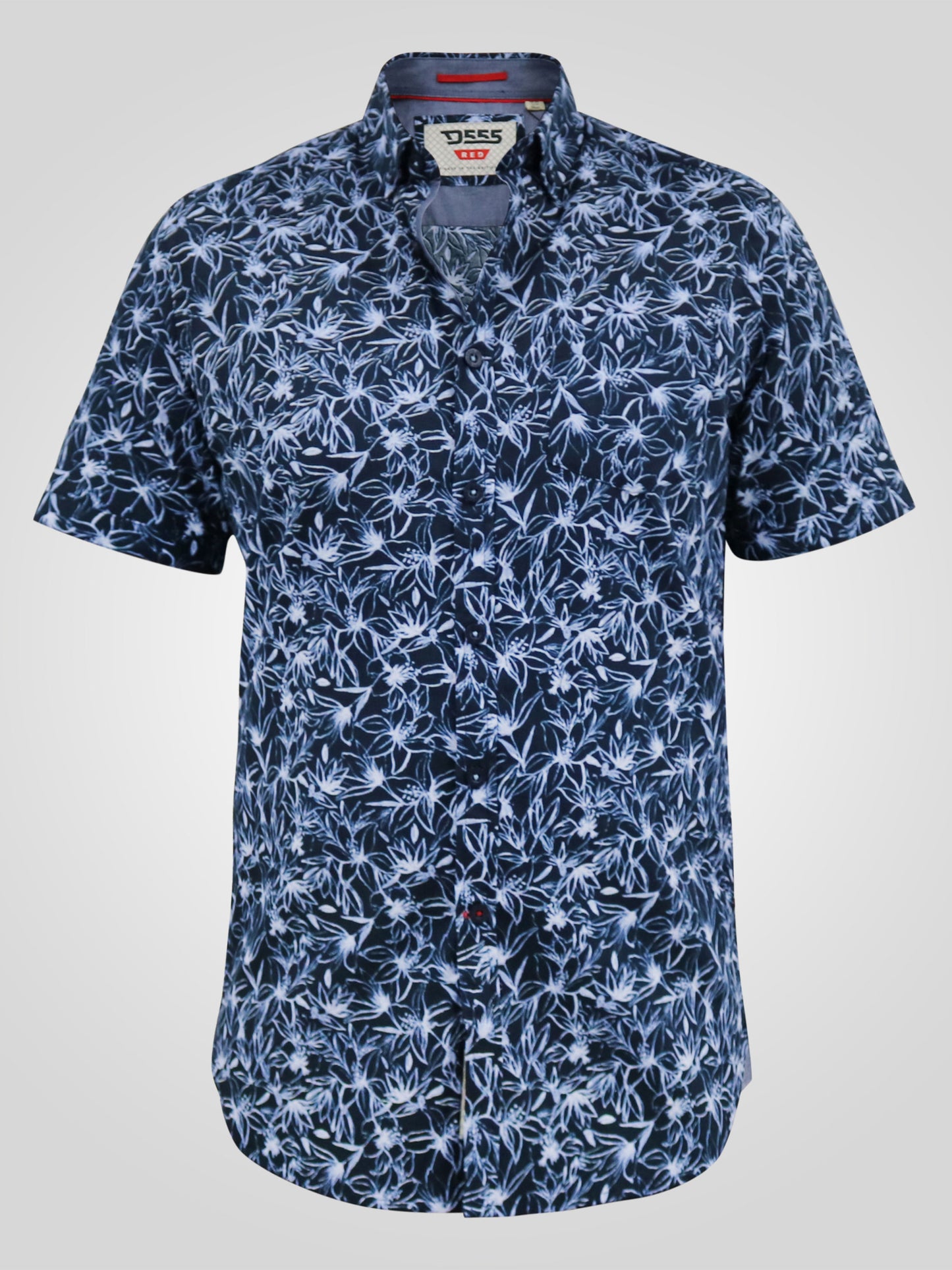 PADBURY -D555 Navy Blue Floral Ed Short Sleeve Shirt with Button Down Collar