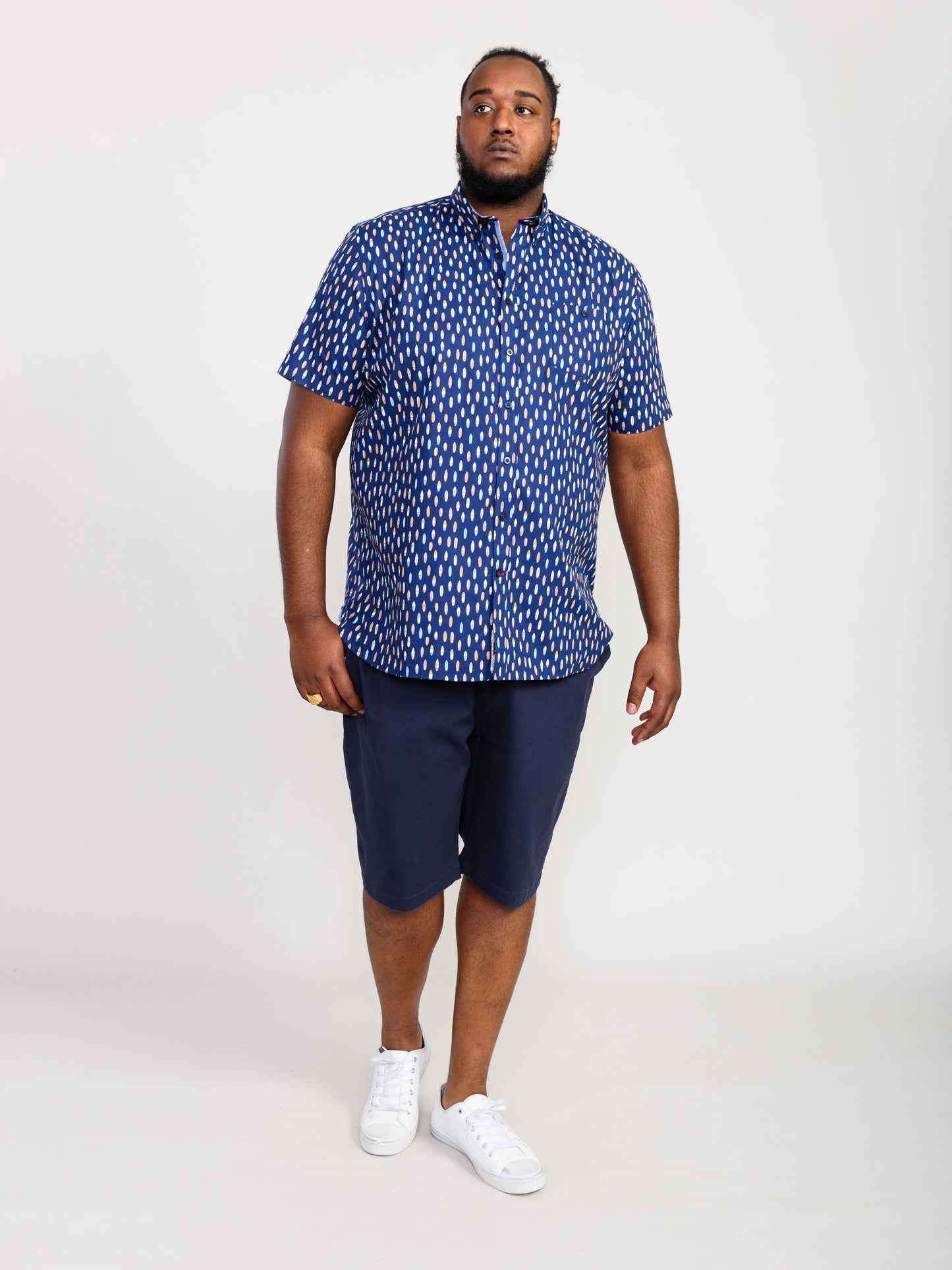HACKFORD -D555 Navy Blue Surf Board Ed Button Down Collar Short Sleeve Shirt