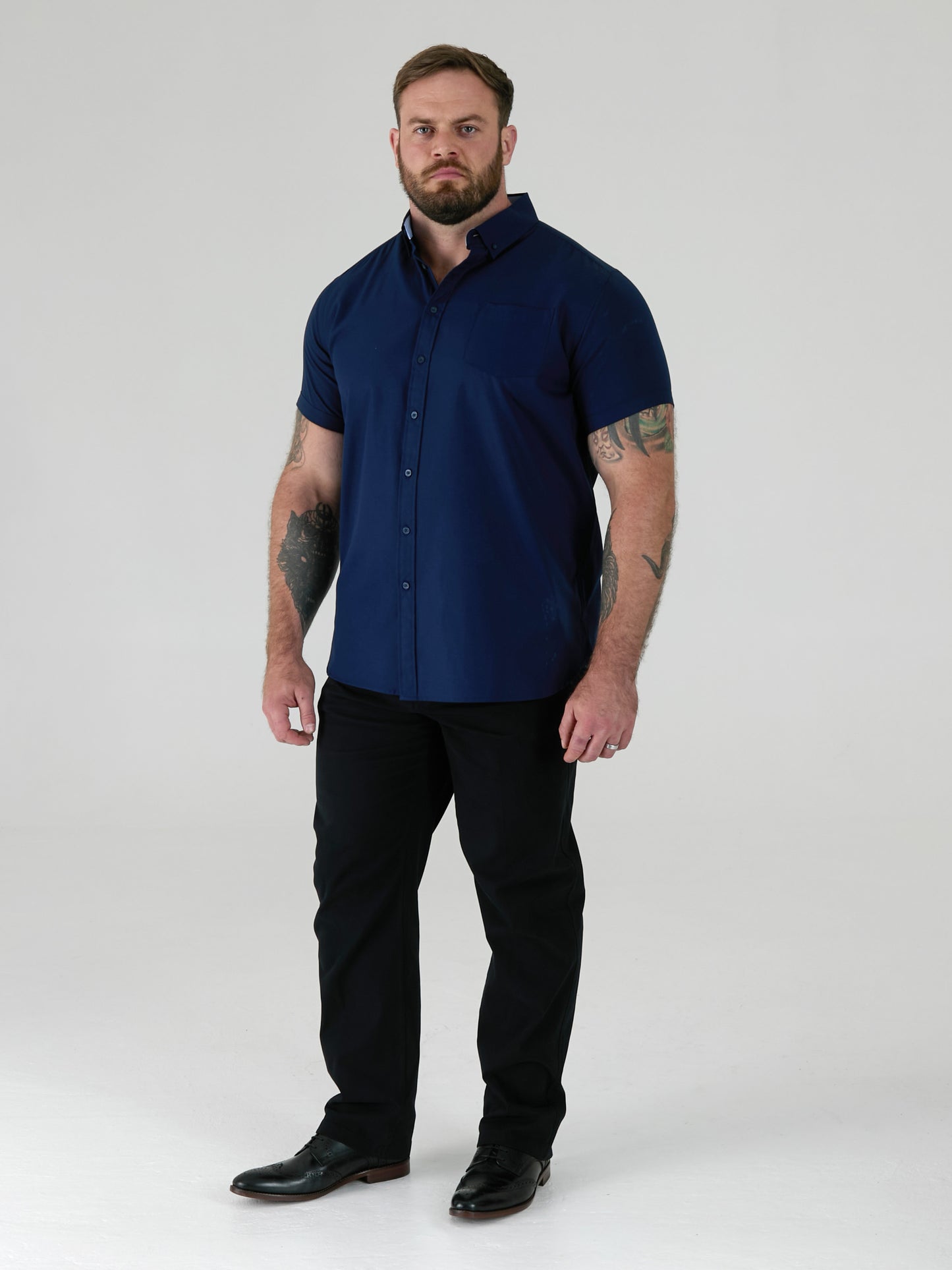 JAMES -D555 Navy Classic Oxford Short Sleeve Button Down Shirt with Pocket