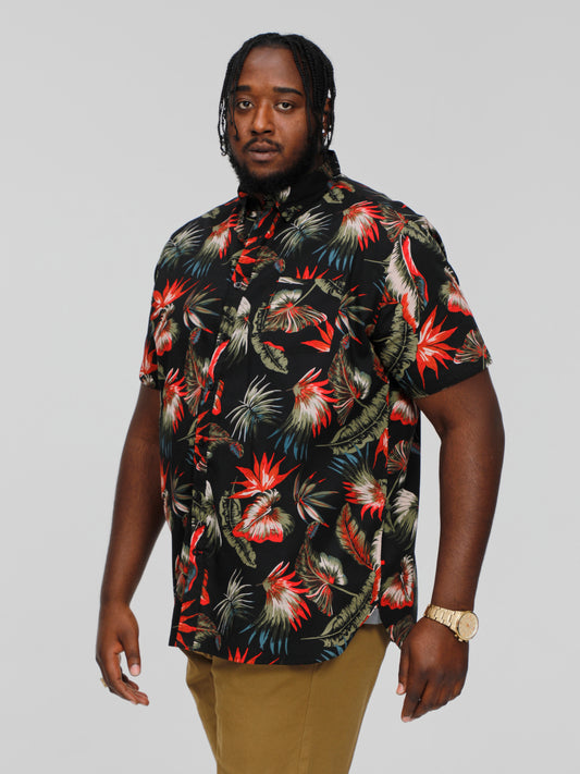 LENNOX -D555 Black Hawaiian Short Sleeve Button Down Collar Shirt
