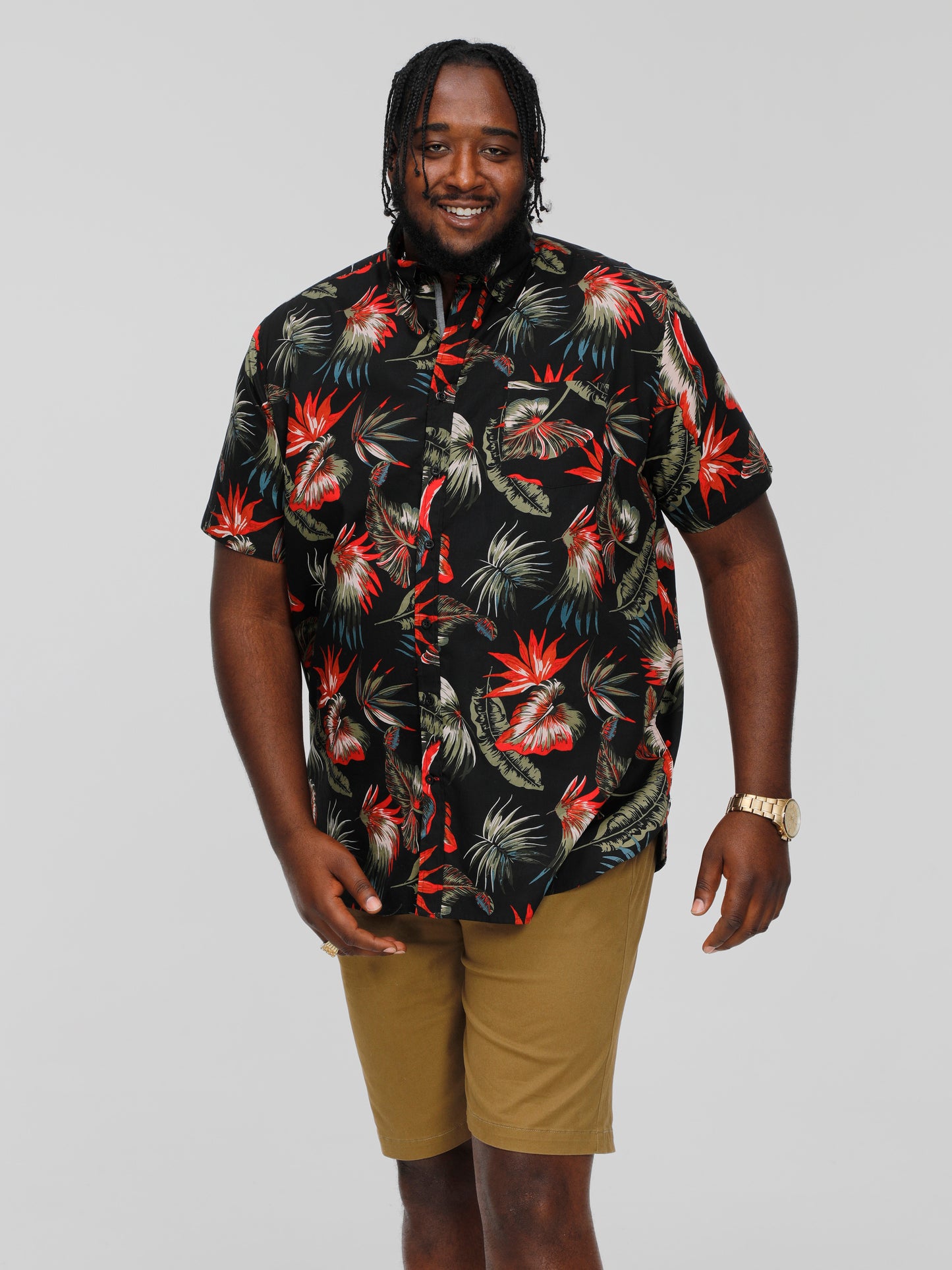 LENNOX -D555 Black Hawaiian Short Sleeve Button Down Collar Shirt