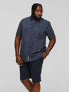 BRODY -D555 Navy Blue Print Short Sleeve Shirt with Hidden Button Down Collar