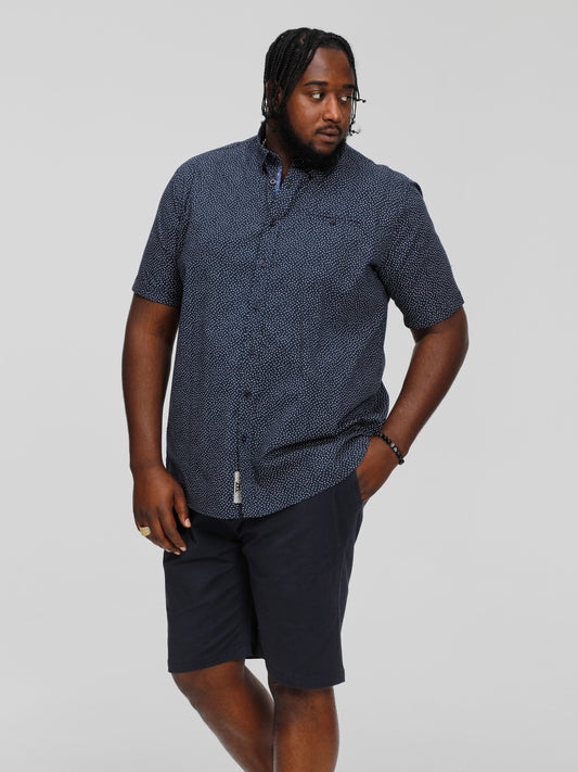 BRODY -D555 Navy Blue Print Short Sleeve Shirt with Hidden Button Down Collar