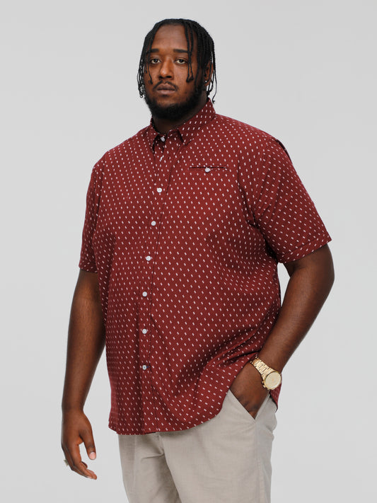 DUNSTABLE -D555 Burgundy Print Short Sleeve Shirt with Hidden Button Down Collar