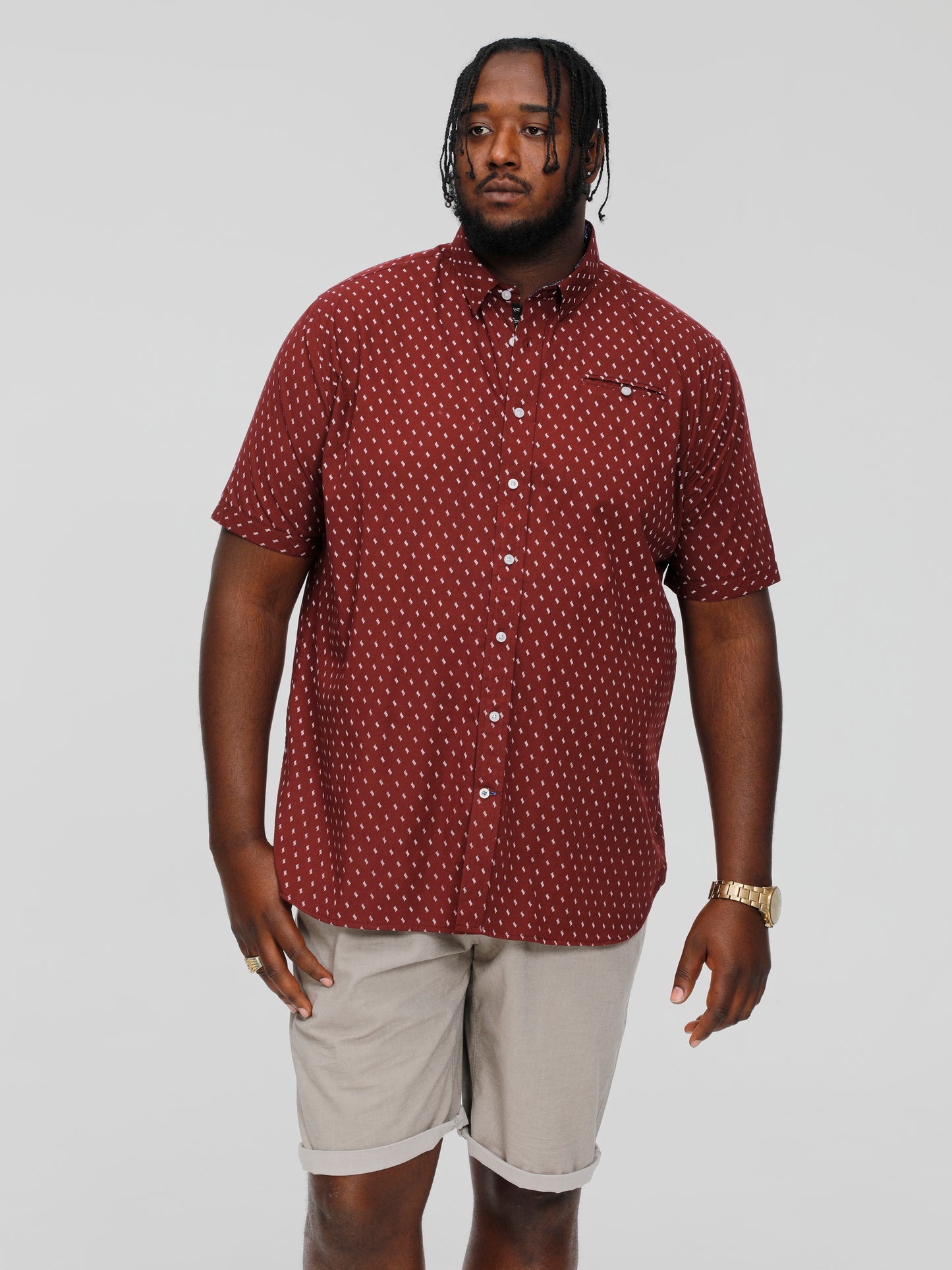 DUNSTABLE -D555 Burgundy Print Short Sleeve Shirt with Hidden Button Down Collar