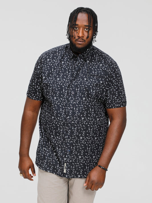 BEAU -D555 Navy Blue Leaf Print Short Sleeve Hidden Button Down Collar Shirt