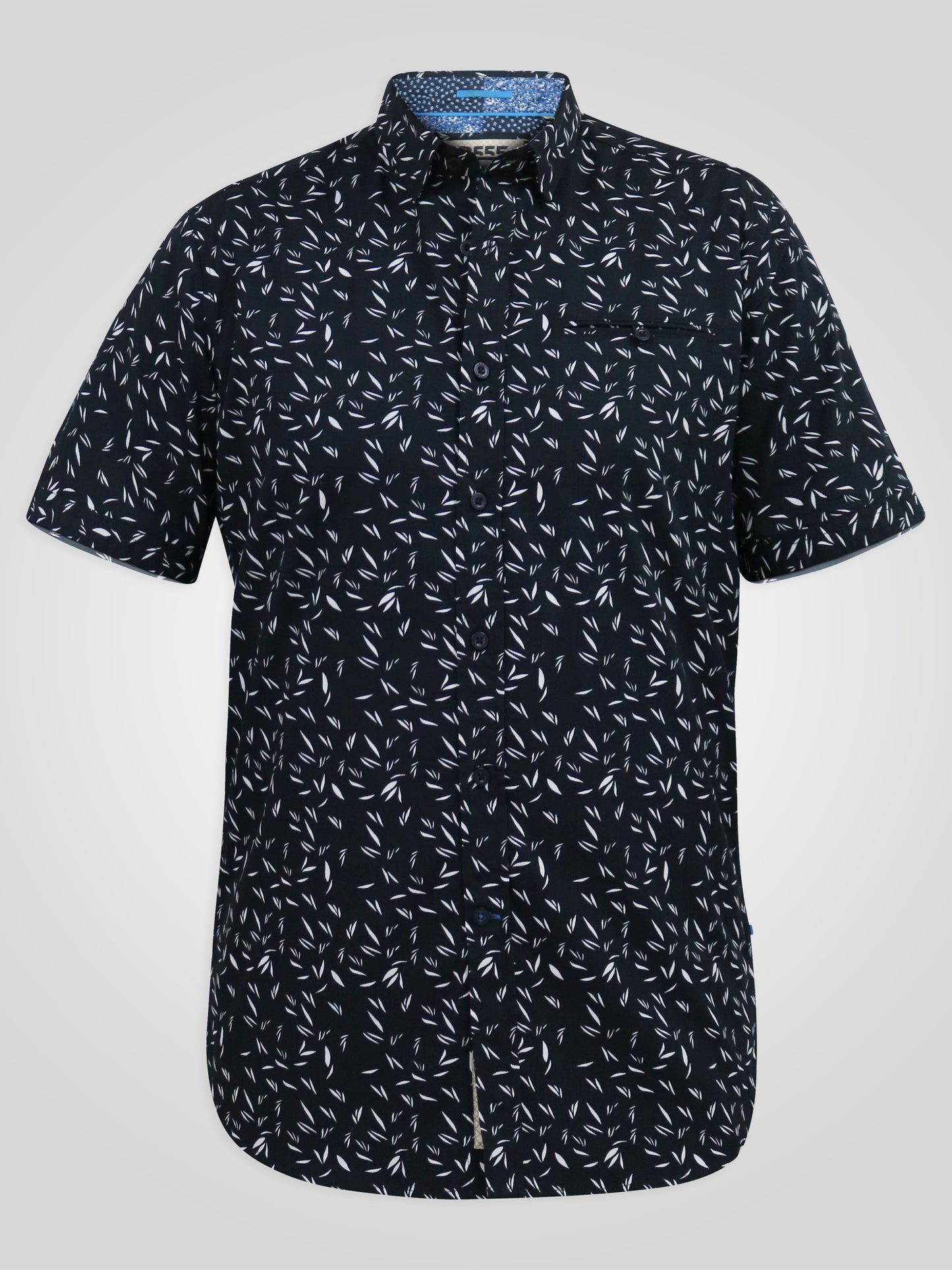 BEAU -D555 Navy Blue Leaf Print Short Sleeve Hidden Button Down Collar Shirt