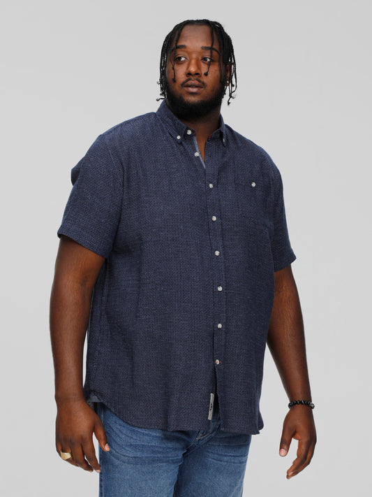 GIRTON -D555 Navy Blue Linen Mix Woven Pattern Short Sleeve Shirt