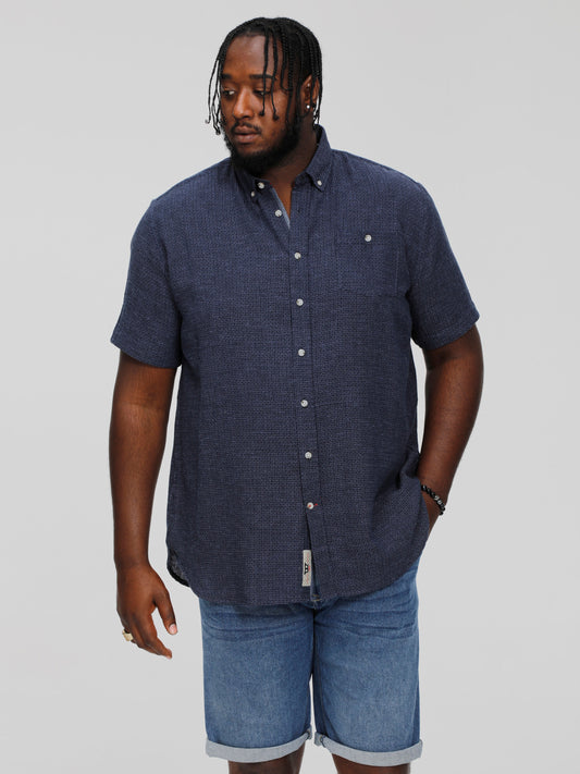 GIRTON -D555 Navy Blue Linen Mix Woven Pattern Short Sleeve Shirt
