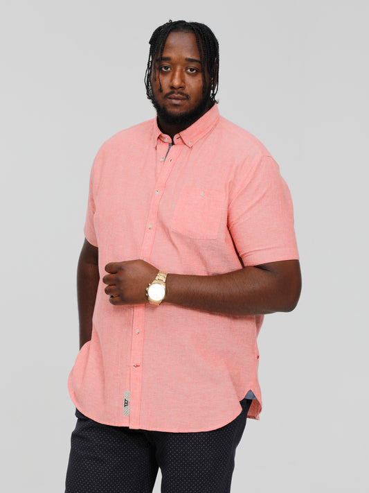HAZELWOOD 2 -D555 Salmon Pink Linen Mix Short Sleeve Button Down Collar Shirt