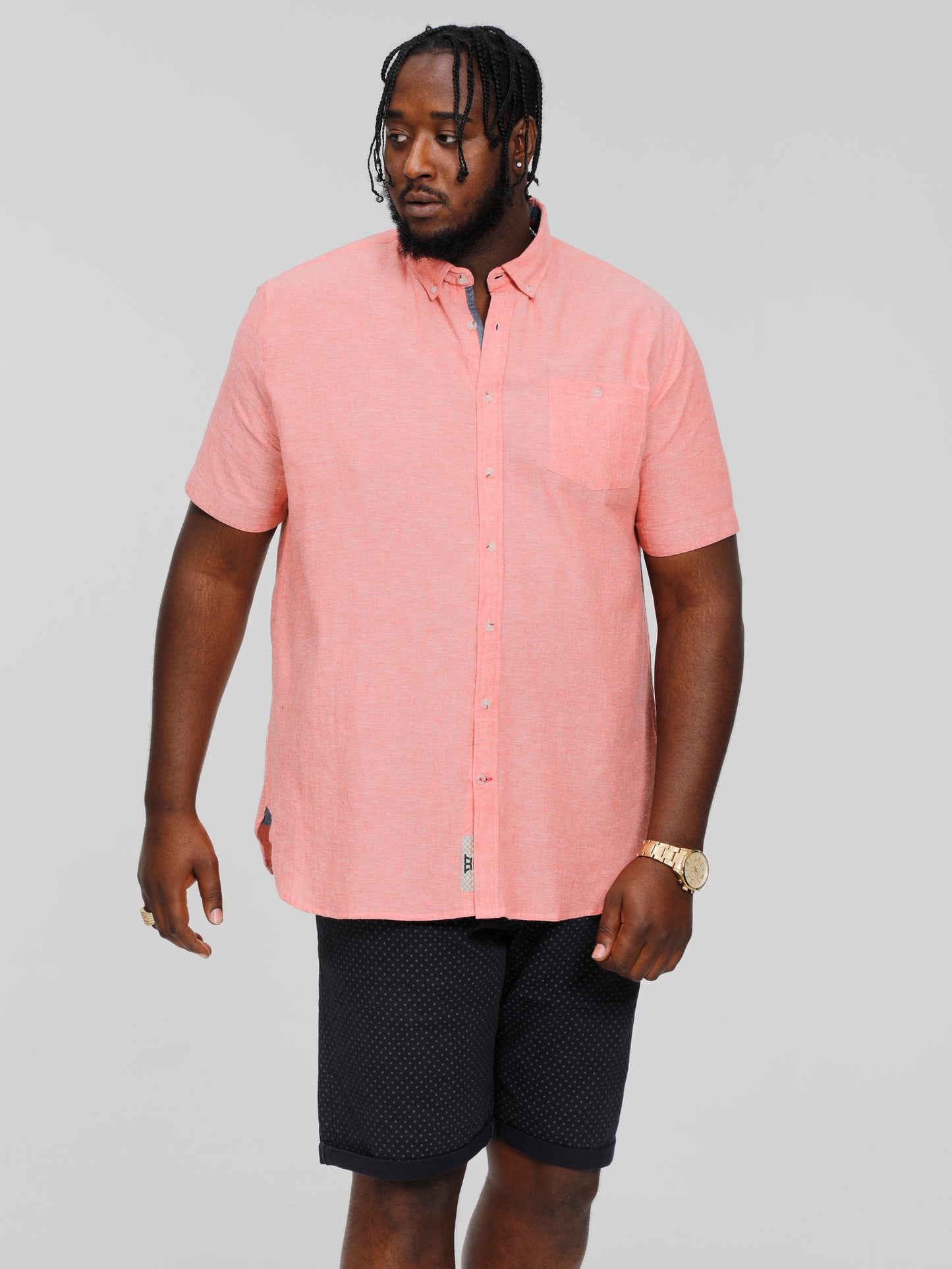 HAZELWOOD 2 -D555 Salmon Pink Linen Mix Short Sleeve Button Down Collar Shirt
