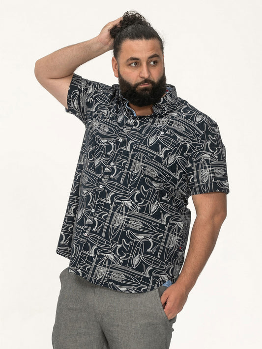 WORTHING -D555 Navy Blue Surf Print Short Sleeve Button Down Collar Shirt