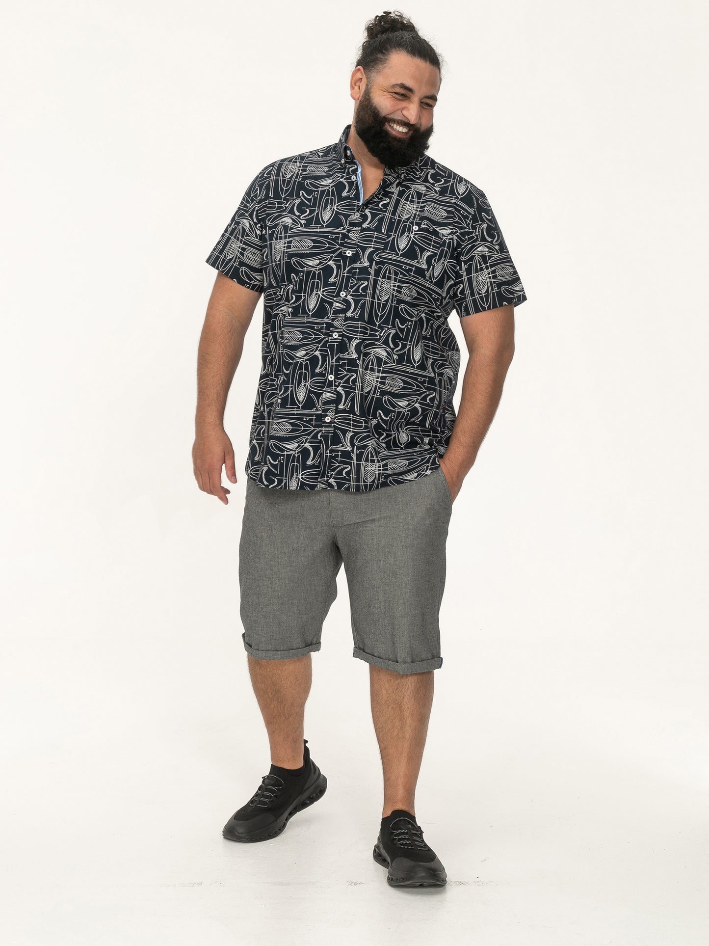 WORTHING -D555 Navy Blue Surf Print Short Sleeve Button Down Collar Shirt