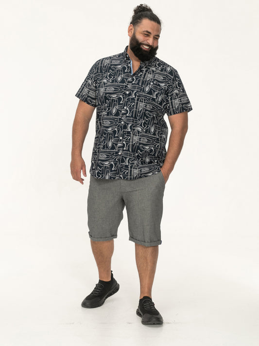 WORTHING -D555 Navy Blue Surf Print Short Sleeve Button Down Collar Shirt