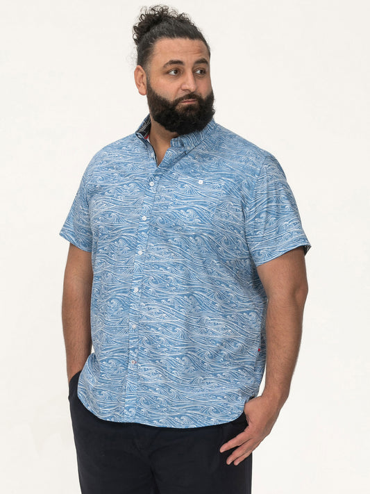 TORQUAY -D555 Blue Wave All Over Print Short Sleeve Button Down Collar Shirt