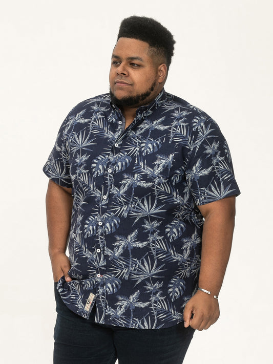 TRURO -D555 Navy Blue Hawaiian Print Short Sleeve Button Down Collar Shirt
