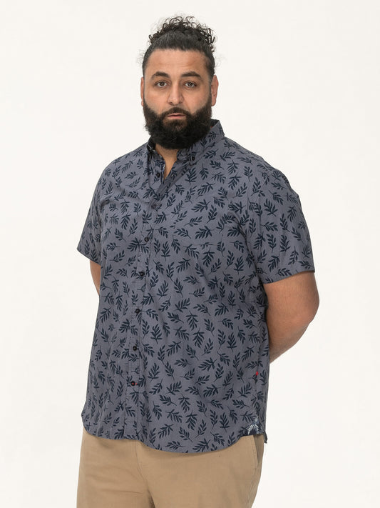 KETTERING -D555 Denim Blue Hawaiian Print Short Sleeve Button Down Collar Shirt