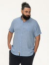 FALMOUTH -D555 Blue Linen Mix Short Sleeve Shirt Button Down Collar with Pocket