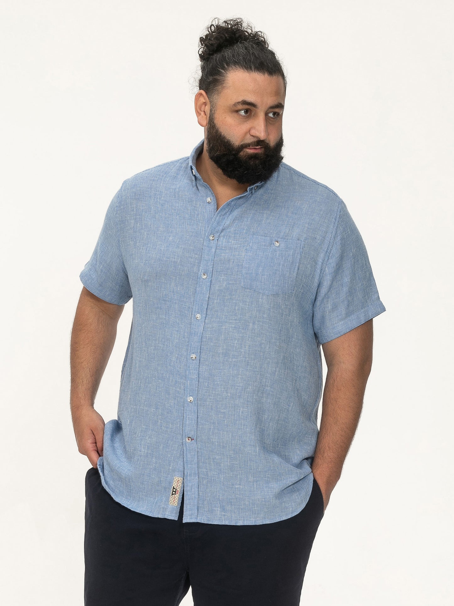 FALMOUTH -D555 Blue Linen Mix Short Sleeve Shirt Button Down Collar with Pocket
