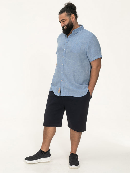 FALMOUTH -D555 Blue Linen Mix Short Sleeve Shirt Button Down Collar with Pocket