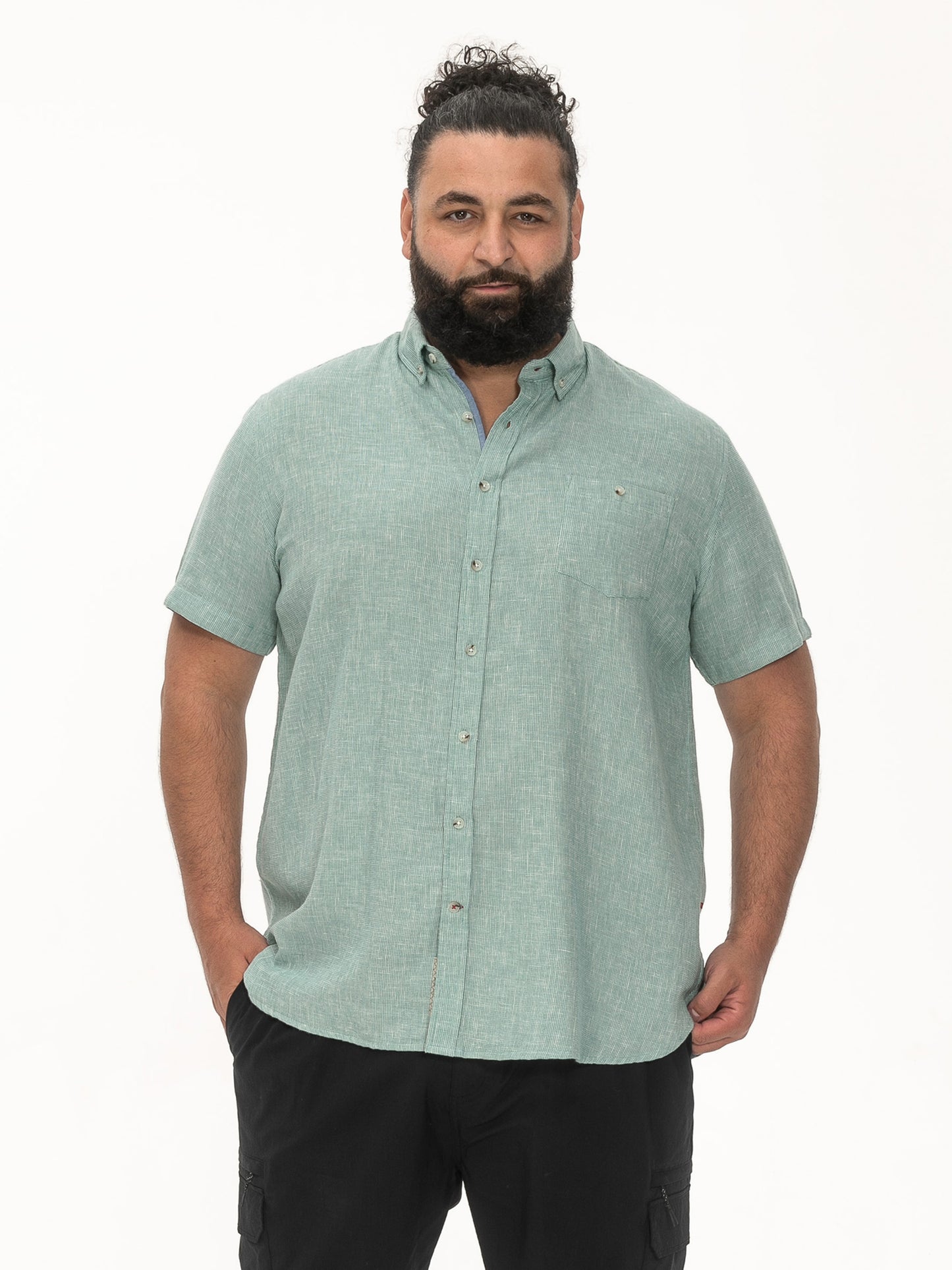 FALMOUTH -D555 Mint Green Linen Mix Short Sleeve Shirt with Button Down Collar
