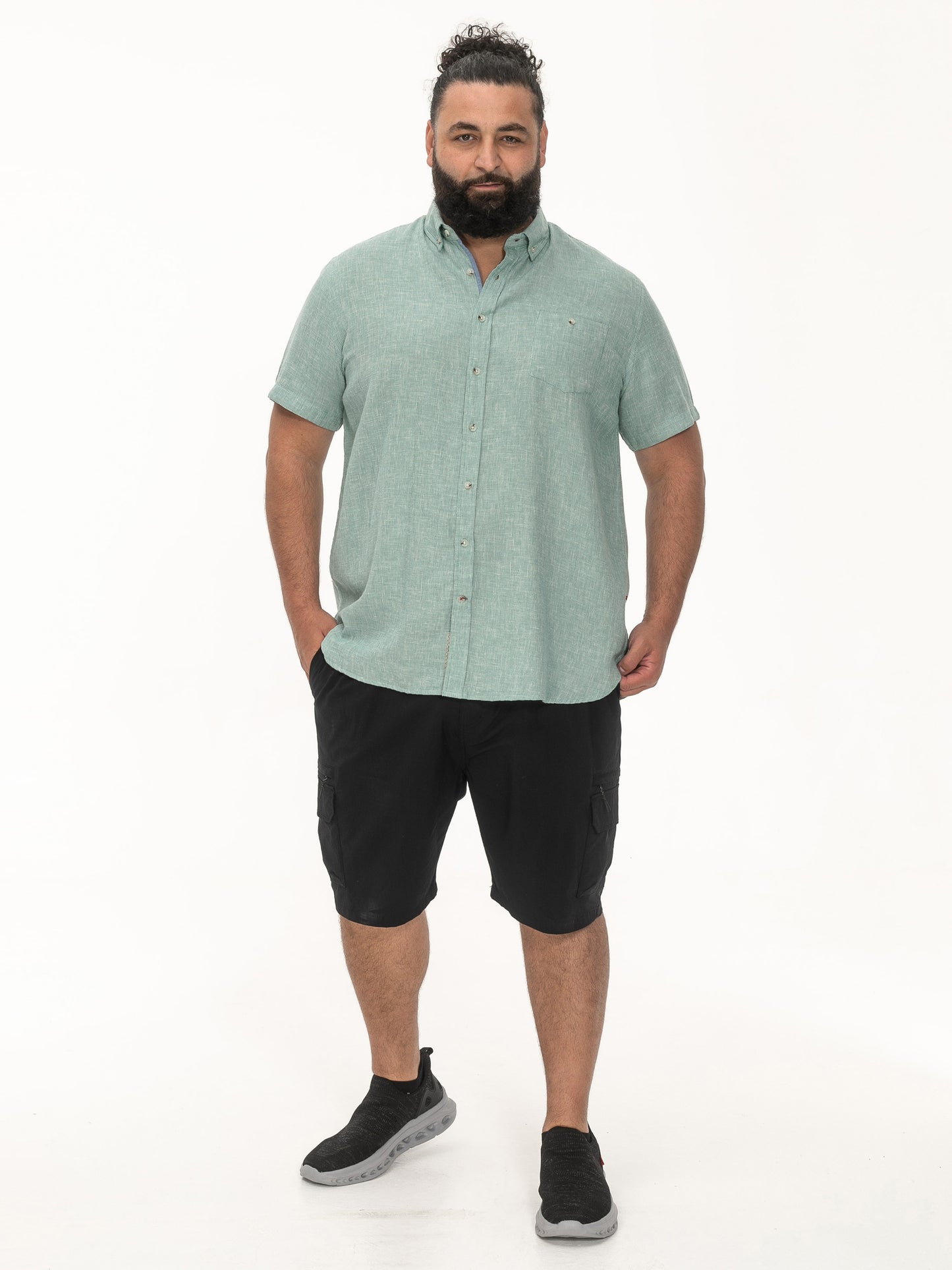 FALMOUTH -D555 Mint Green Linen Mix Short Sleeve Shirt with Button Down Collar
