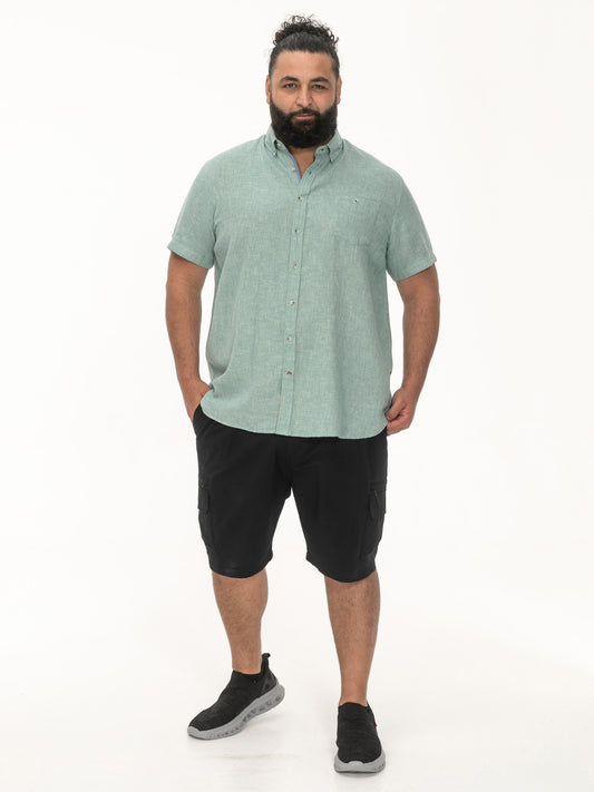 FALMOUTH -D555 Mint Green Linen Mix Short Sleeve Shirt with Button Down Collar