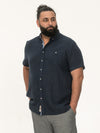 PONTEFRACT -D555 Navy Blue Jacquard Linen Mix Short Sleeve Button Down Shirt