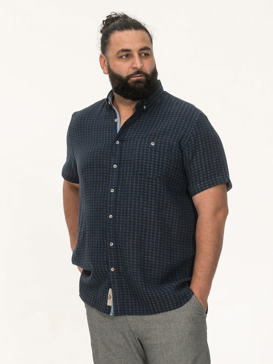 PONTEFRACT -D555 Navy Blue Jacquard Linen Mix Short Sleeve Button Down Shirt