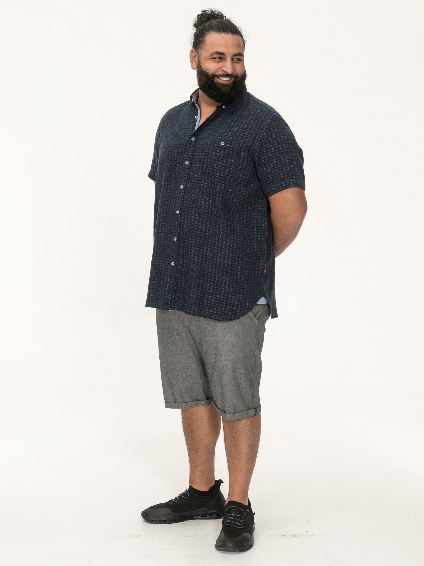 PONTEFRACT -D555 Navy Blue Jacquard Linen Mix Short Sleeve Button Down Shirt