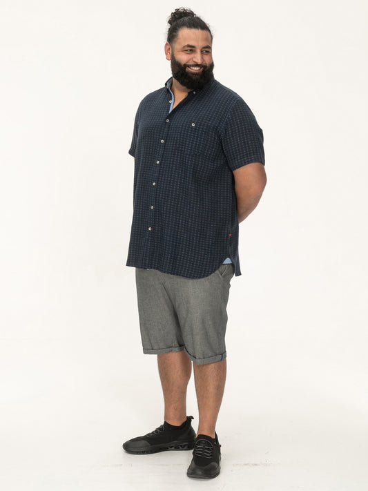 PONTEFRACT -D555 Navy Blue Jacquard Linen Mix Short Sleeve Button Down Shirt