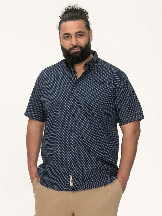 NORWICH -D555 Navy Blue Micro Print Short Sleeve Hidden Button Down Collar Shirt
