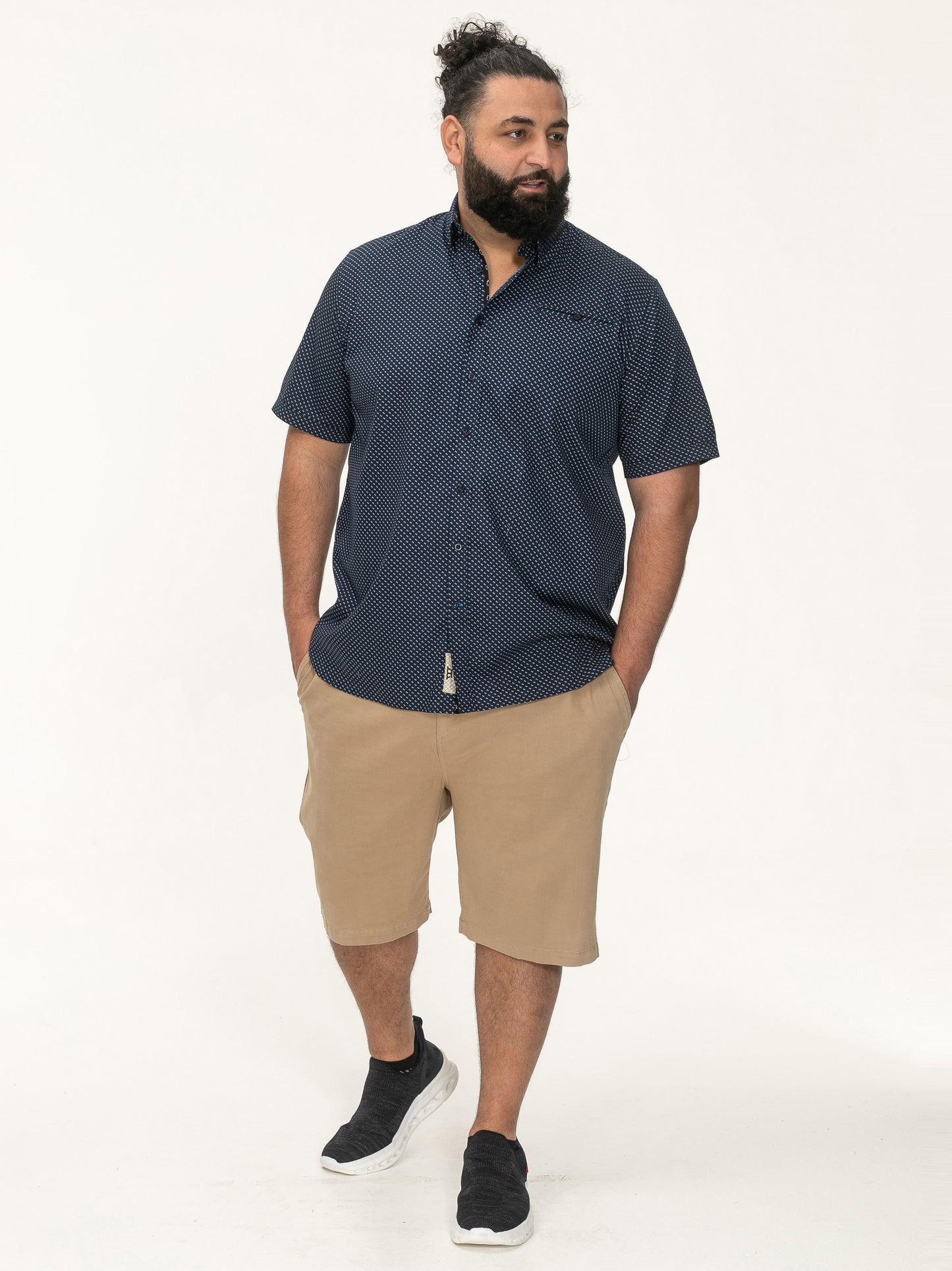 NORWICH -D555 Navy Blue Micro Print Short Sleeve Hidden Button Down Collar Shirt