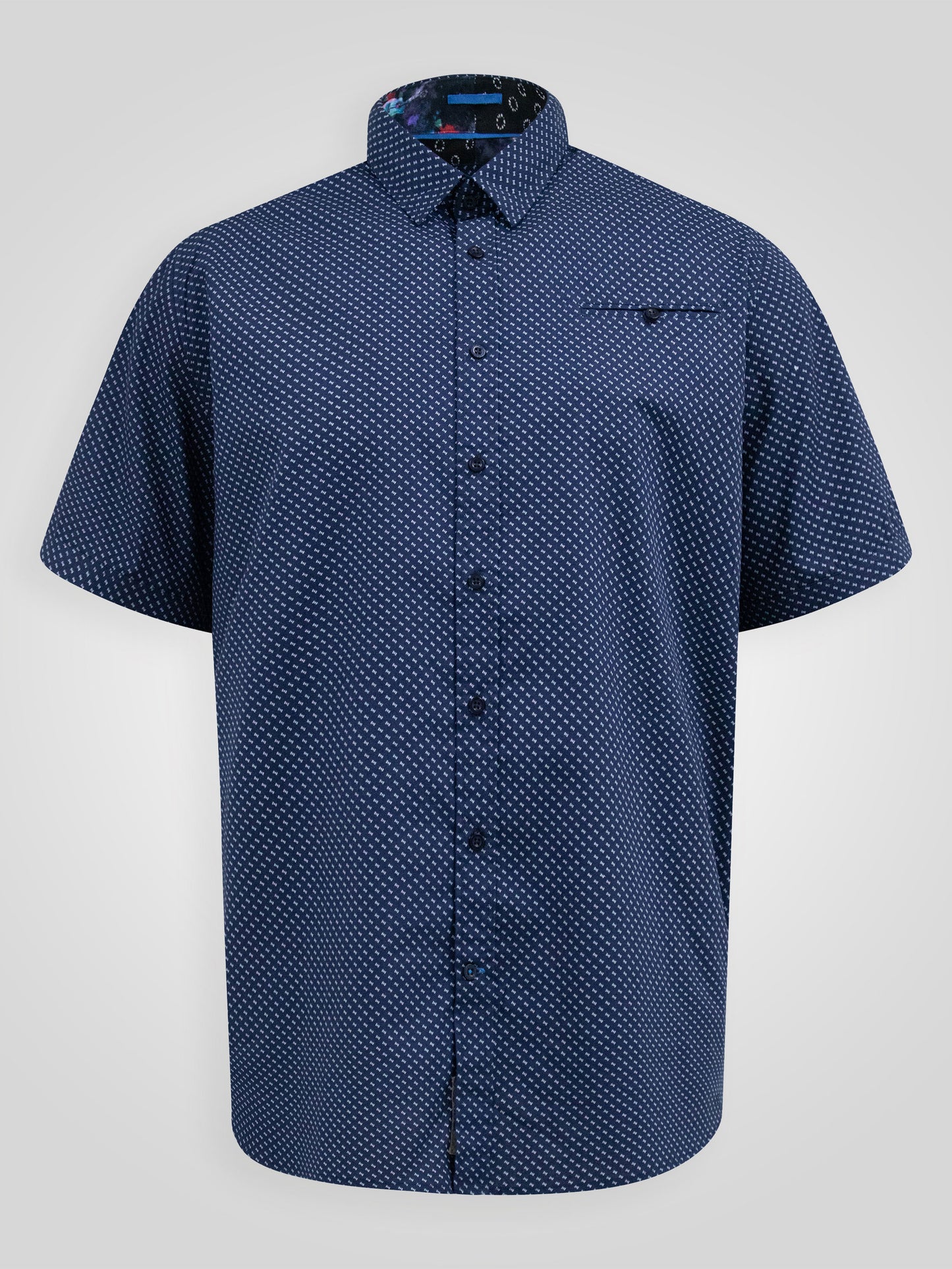 NORWICH -D555 Navy Blue Micro Print Short Sleeve Hidden Button Down Collar Shirt