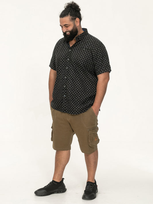 MATLOCK -D555 Black All Over Print Short Sleeve Hidden Button Down Collar Shirt