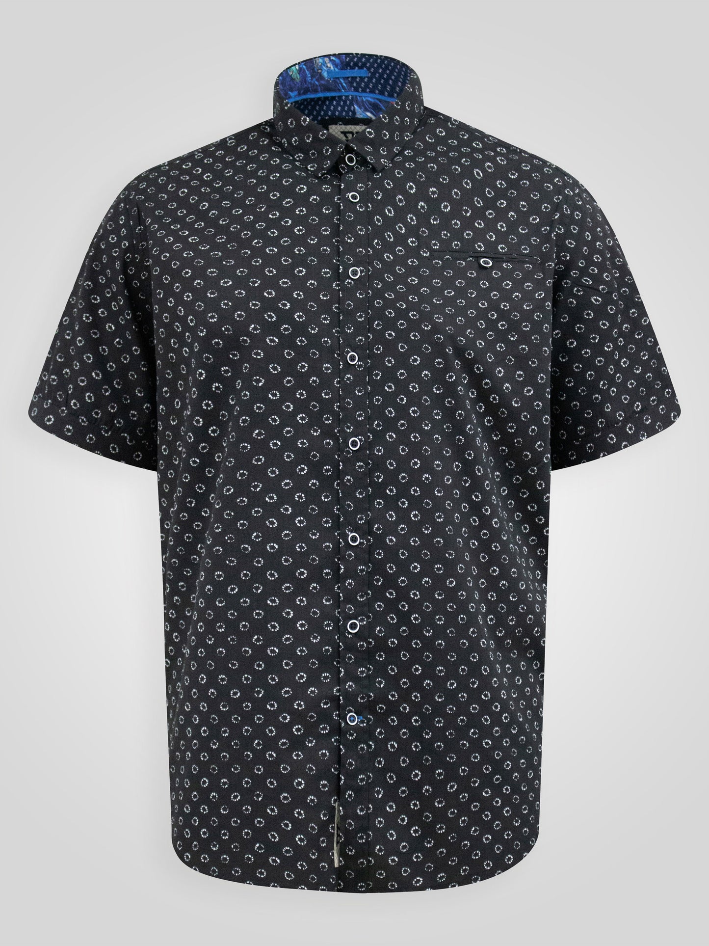 MATLOCK -D555 Black All Over Print Short Sleeve Hidden Button Down Collar Shirt