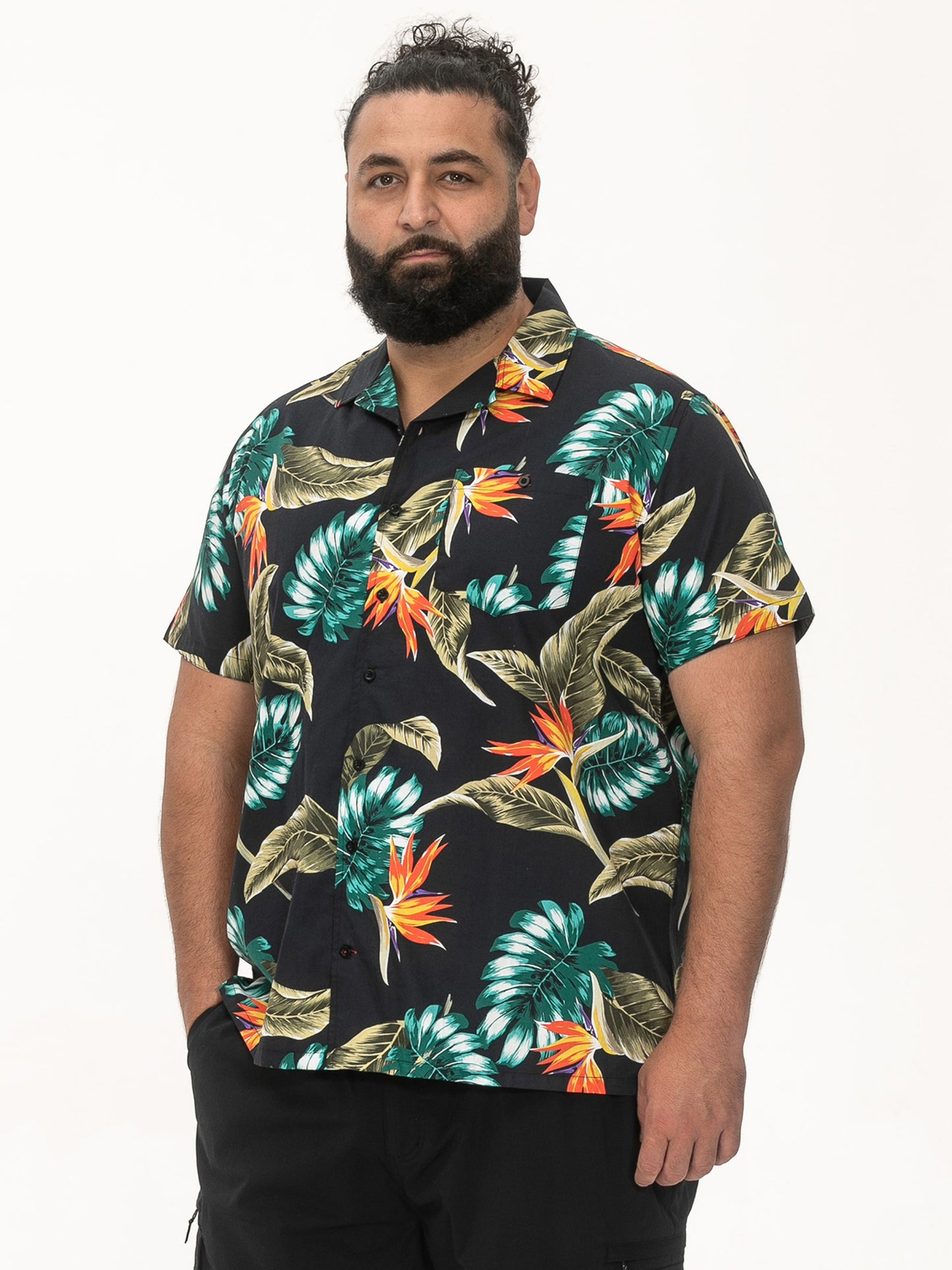 SELBY -D555 Black Hawaiian All Over Print Short Sleeve Revere Collar Shirt