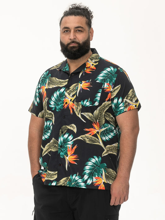 SELBY -D555 Black Hawaiian All Over Print Short Sleeve Revere Collar Shirt