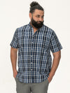 WALSALL -D555 Navy Blue Check Short Sleeve Button Down Collar Shirt with Pocket