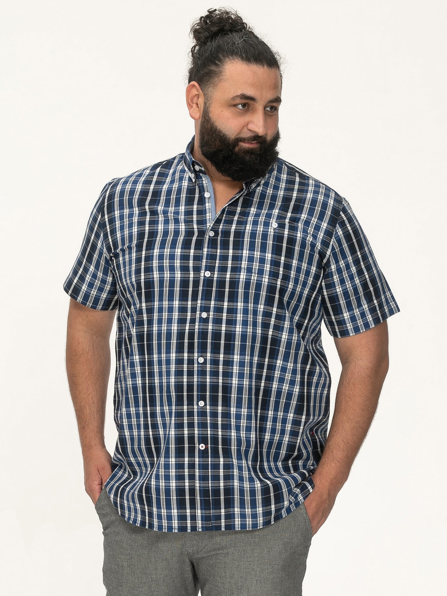 WALSALL -D555 Navy Blue Check Short Sleeve Button Down Collar Shirt with Pocket