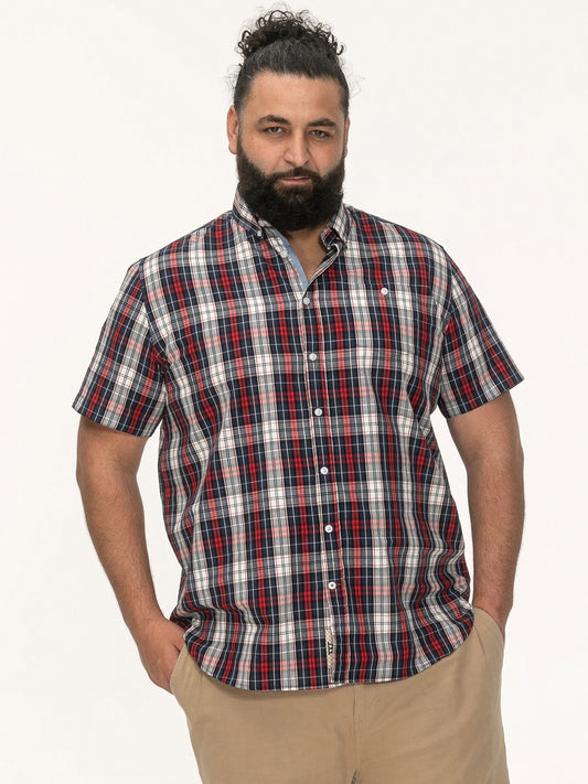 SHIELDS -D555 Red Check Short Sleeve Shirt with Button Down Collar and Pocket