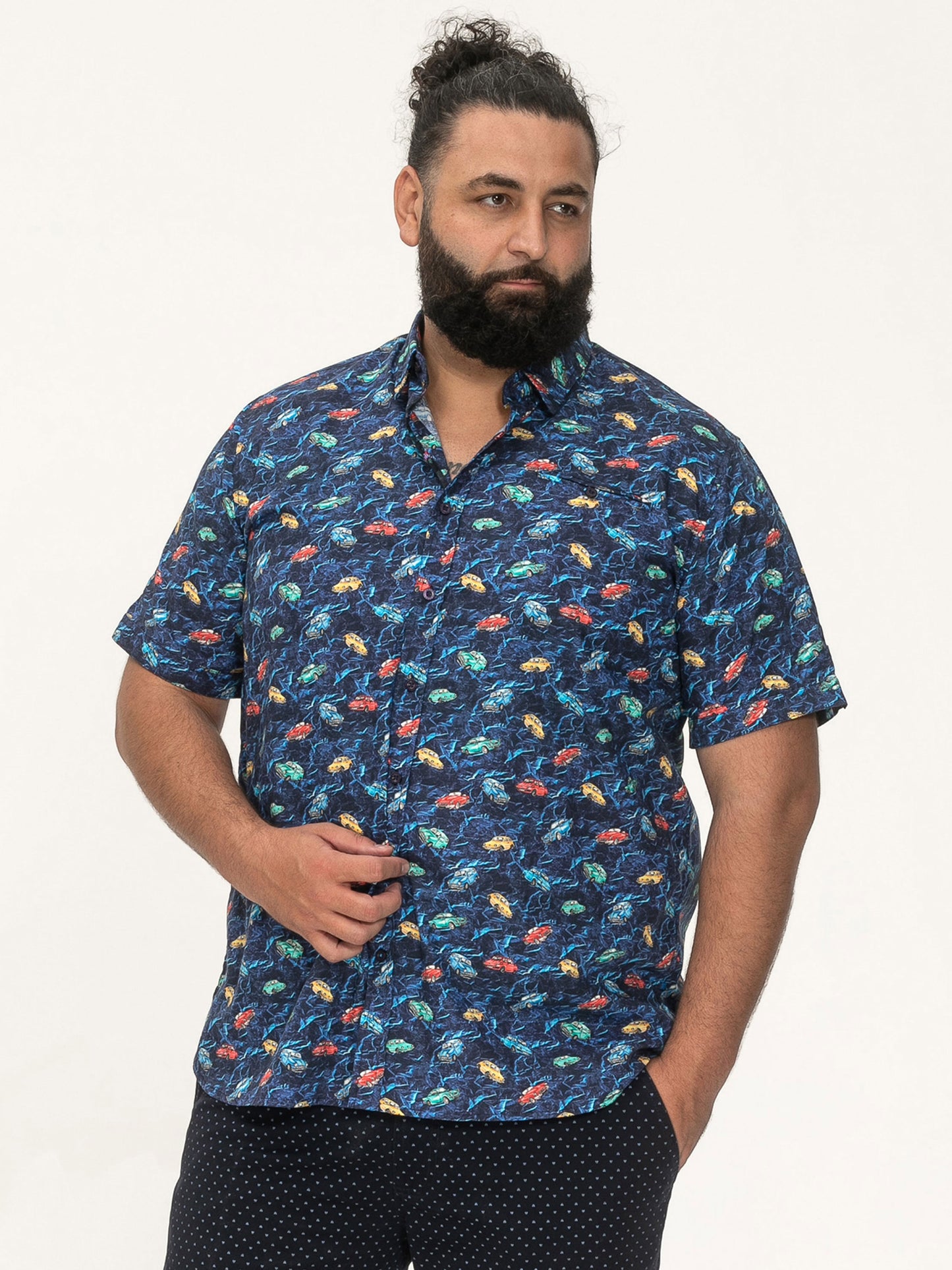HARTLEPOOL -D555 Blue Vintage Car Hidden Button Down Collar Short Sleeve Shirt