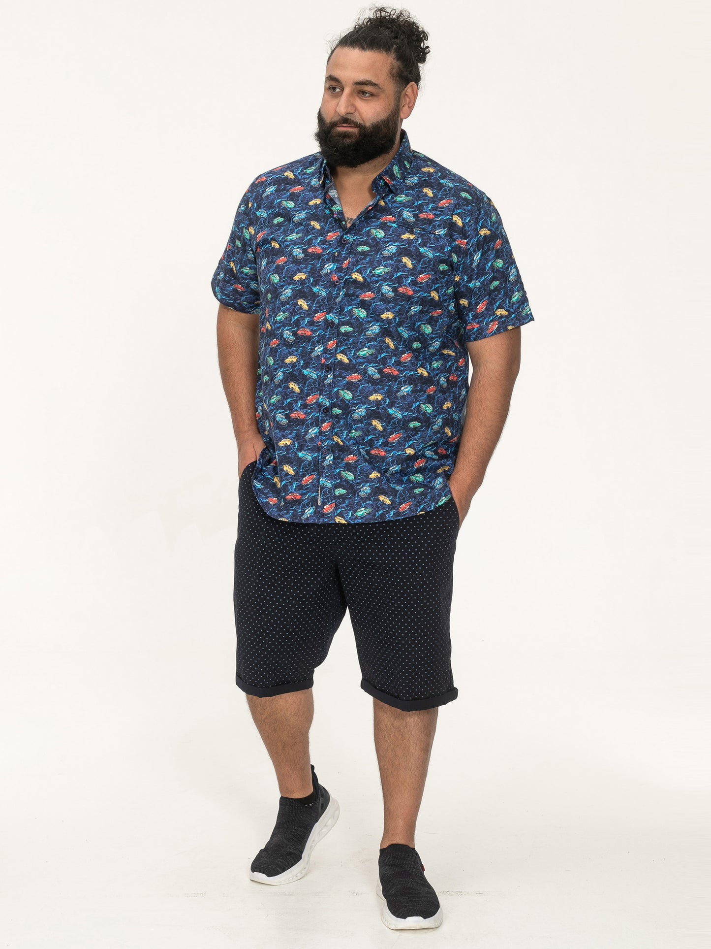 HARTLEPOOL -D555 Blue Vintage Car Hidden Button Down Collar Short Sleeve Shirt