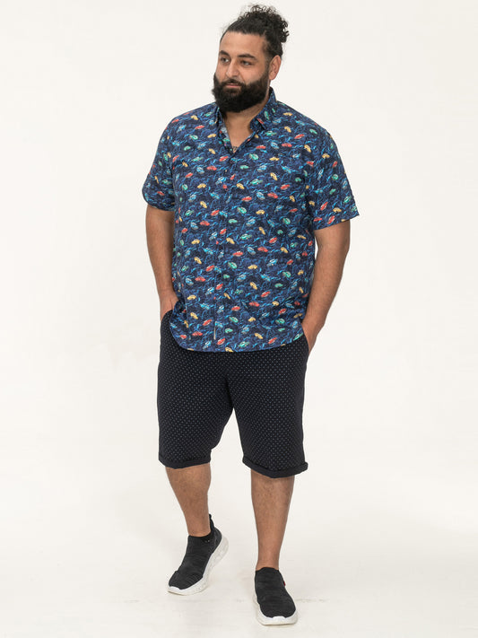 HARTLEPOOL -D555 Blue Vintage Car Hidden Button Down Collar Short Sleeve Shirt