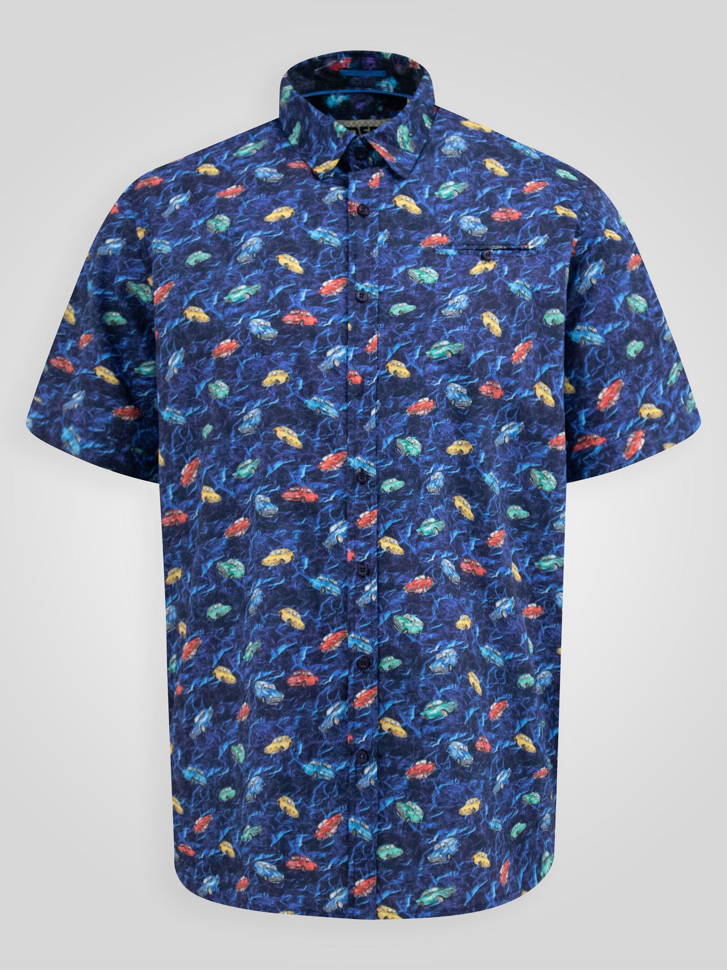 HARTLEPOOL -D555 Blue Vintage Car Hidden Button Down Collar Short Sleeve Shirt
