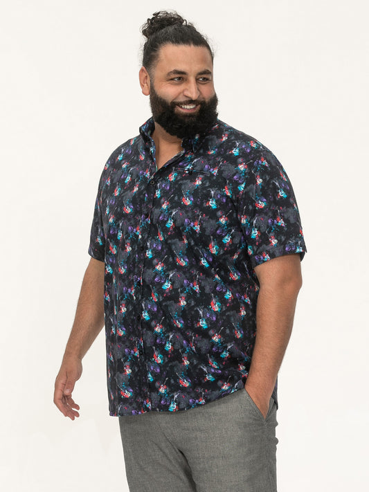 FARNBOROUGH -D555 Black Guitar Short Sleeve Shirt with Hidden Button Down Collar