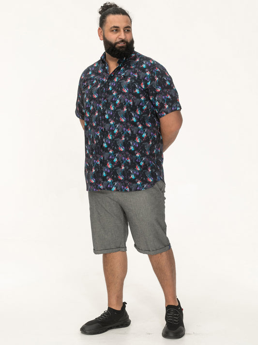 FARNBOROUGH -D555 Black Guitar Short Sleeve Shirt with Hidden Button Down Collar